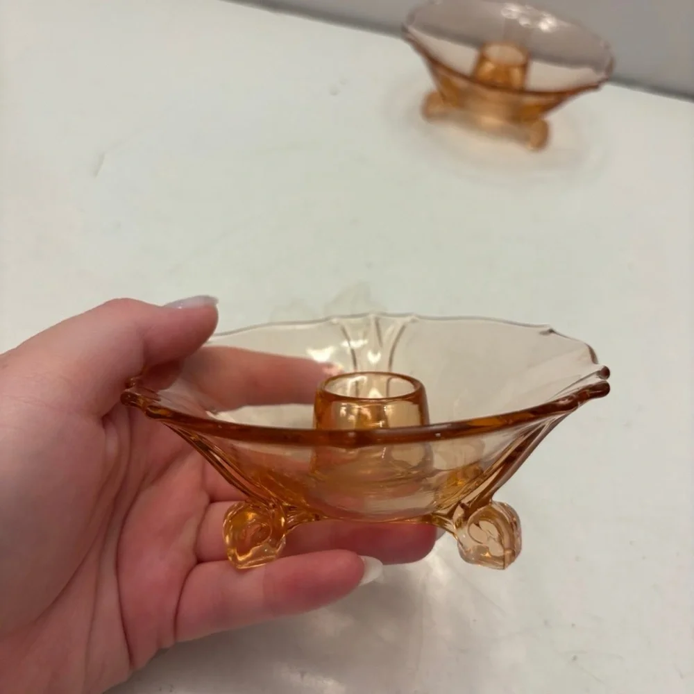 VINTAGE PINK FOSTORIA DEPRESSION GLASS CANDLESTICK HOLDERS, TRI-FOOTED